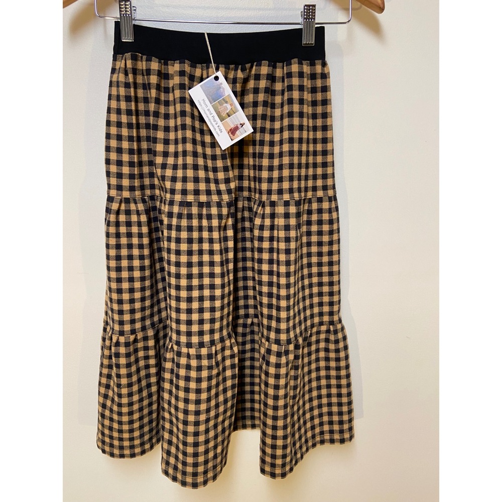 Girls Maxi Mom and Pop's Kids Skirt Size 8 Tan Black Gingham Upcycled Cotton